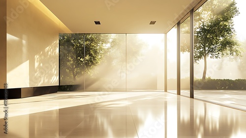 A minimalist modern space with floor-to-ceiling windows  sunlight spilling onto polished floors  and clean  sharp architectural lines enhancing the open and bright ambiance  hd quality --ar 16 9