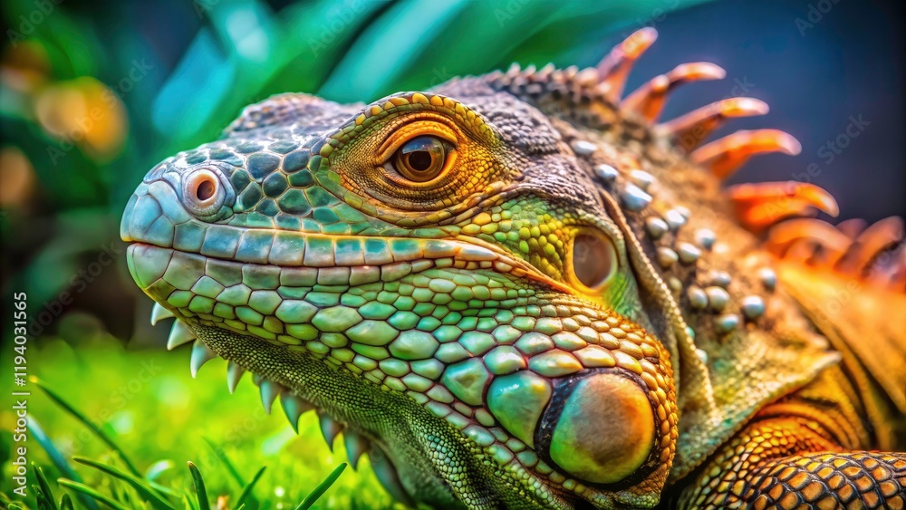 Iguana Terrarium Closeup: Reptile Portrait, Artificial Grass Habitat, Exotic Pet Lizard Photography Iguana Terrarium Closeup: Reptile Portrait, Artificial Grass Habitat, Exotic Pet Lizard Photography