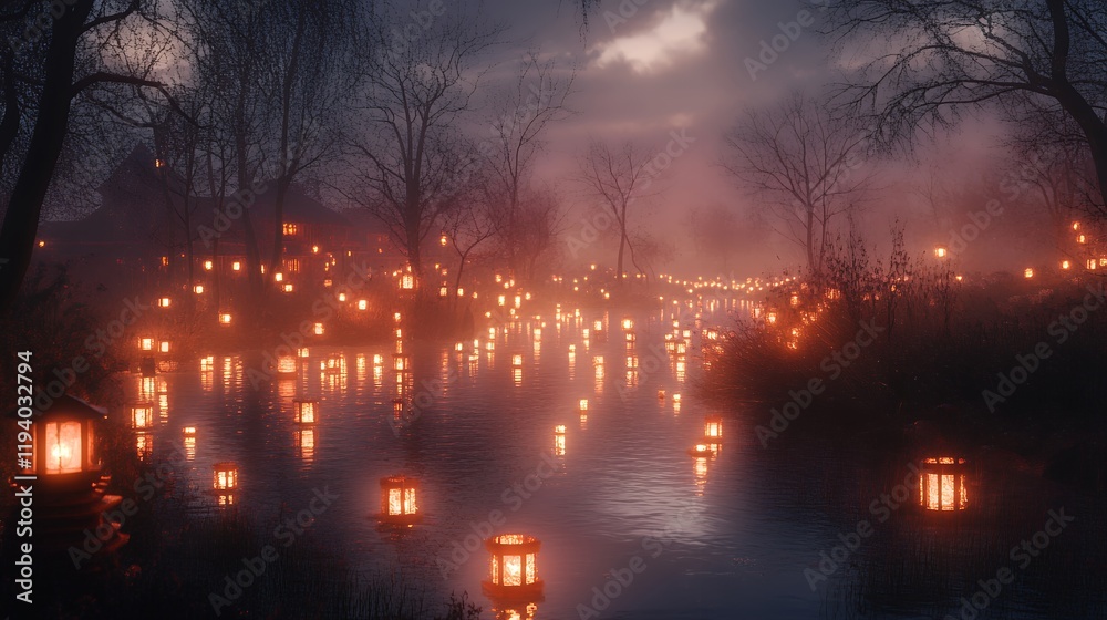 Numerous glowing lanterns float on a calm river shrouded in fog, creating a magical, serene nighttime scene. Numerous glowing lanterns float on a calm river shrouded in fog, creating a magical, serene nighttime scene.