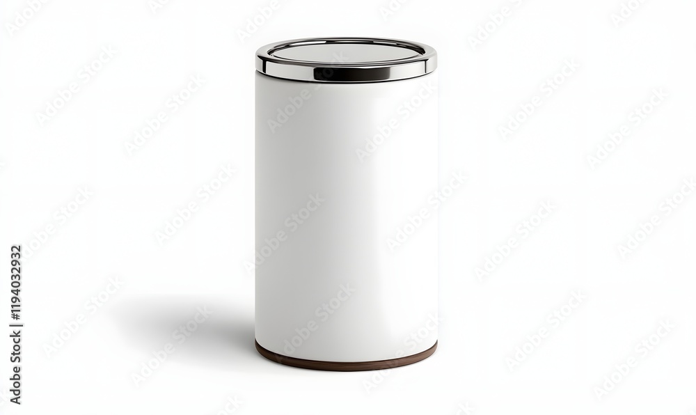 White cylindrical trash can with chrome top and brown base. White cylindrical trash can with chrome top and brown base.