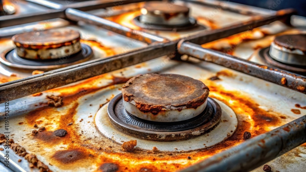 A close-up of a rusty stovetop burner, revealing the stark reality of neglect and time's relentless march A close-up of a rusty stovetop burner, revealing the stark reality of neglect and time's relentless march