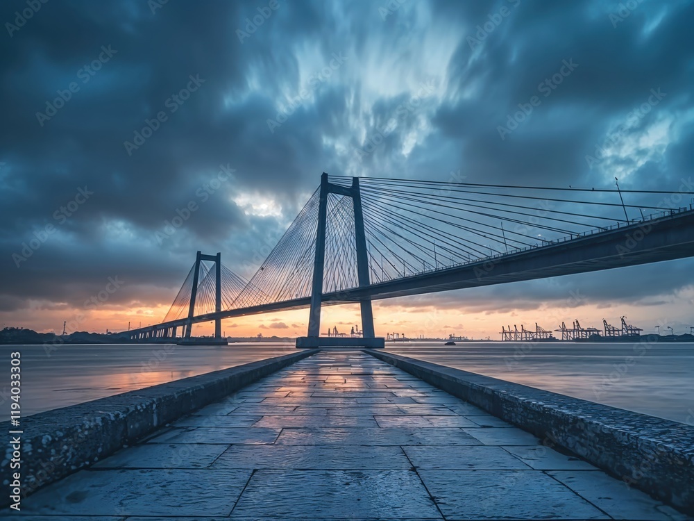Obraz premium As the sun sets, a majestic bridge stands tall against a backdrop of stormy clouds, its reflection shimmering on the water, creating a breathtaking urban landscape at dusk.