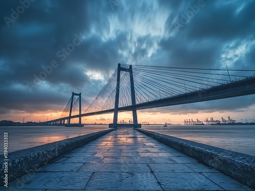 As the sun sets, a majestic bridge stands tall against a backdrop of stormy clouds, its reflection shimmering on the water, creating a breathtaking urban landscape at dusk.