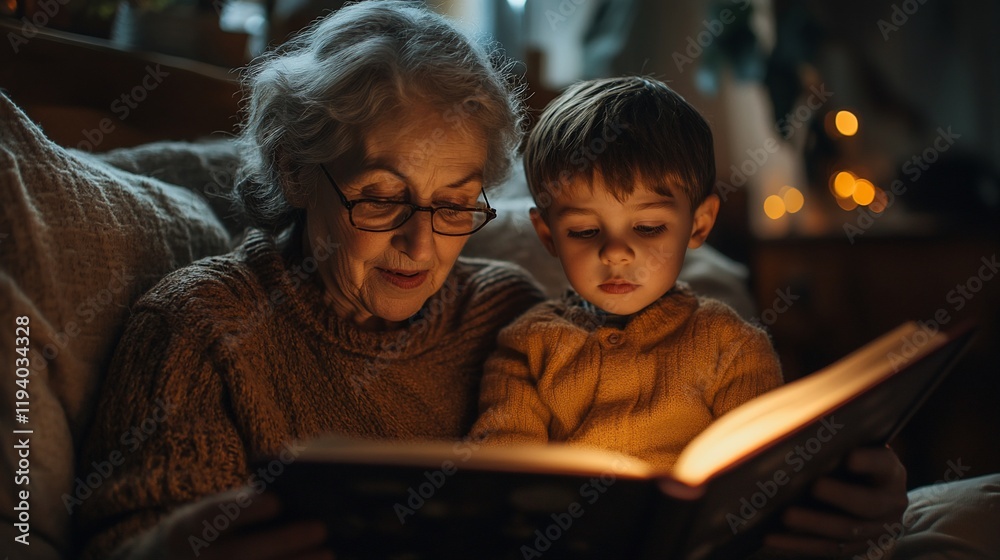 Grandmother and grandson reading a book together at night. Grandmother and grandson reading a book together at night.