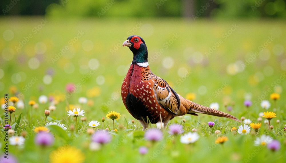 Fototapeta premium Colorful pheasant standing in a field of wildflowers