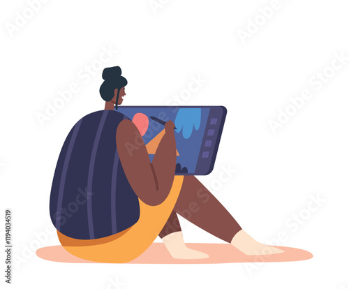 Graphic Designer Female Character Seated At Floor Rear View Using Digital Tablet Making Sketch At Workplace