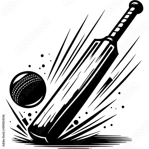 Wooden cricket bat hits difficult low fly ball in monochrome. Simple minimalistic  in black ink drawing on white background