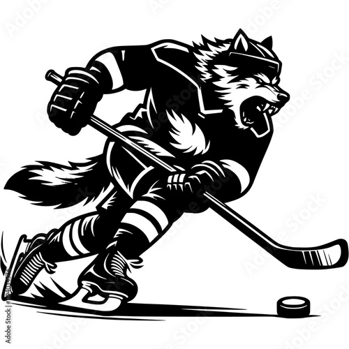 Huge wolf in hockey gear rushes to attack an opponent in monochrome. Simple minimalistic  in black ink drawing on white background