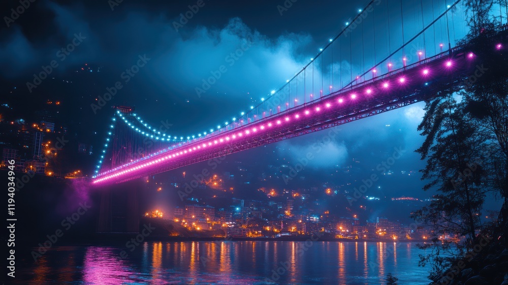 Fototapeta premium Colorful bridge illuminated at night over water.