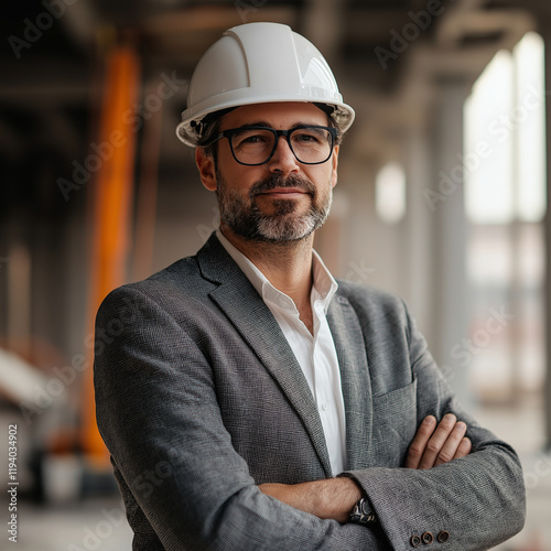 Confident construction professional in a modern building site. A confident middle-aged man, likely a construction manager, wearing a grey suit, white shirt, and a white safety helmet, stands with arms