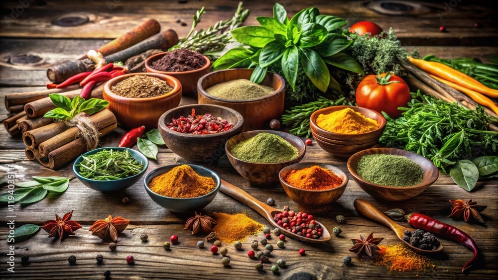 Fototapeta premium A Rustic Tabletop Display of Vibrant Spices and Aromatic Herbs, Ready to Infuse Culinary Creations with Flavor and Depth