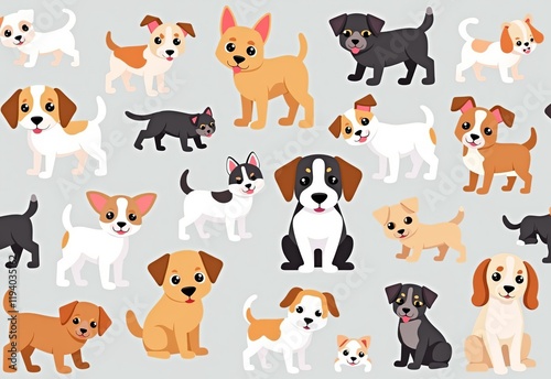 かわいい犬のパターン：さまざまな色の犬が散りばめられた、グレーの背景に描かれたカートゥーンスタイルのイラスト
