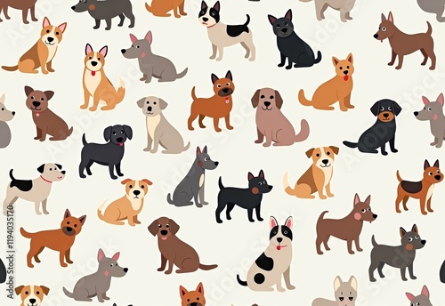 Charming Flat Illustration of Cute Dogs: High-Definition Cartoon Style with a Scattered Arrangement on a Gray Background for Dog Lovers
