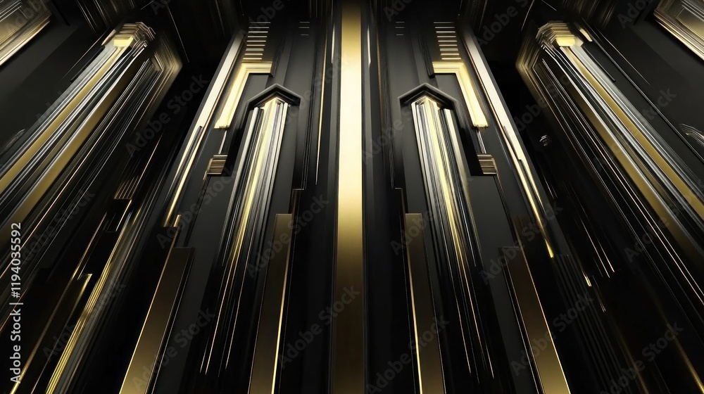 Abstract design featuring vertical lines and metallic textures in black and gold. Abstract design featuring vertical lines and metallic textures in black and gold.