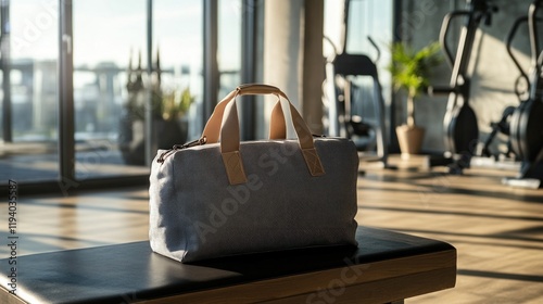 Gym bag rests on bench, sunrise city view
