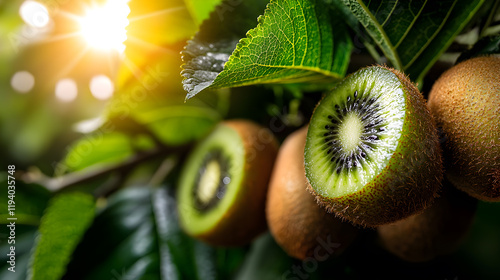A close up of a kiwi fruit with a green stem