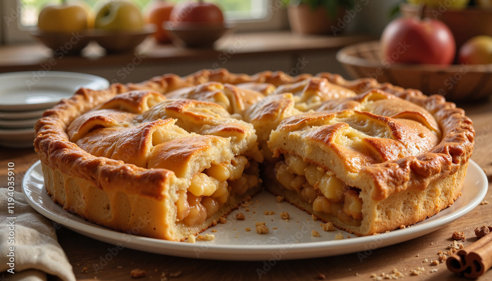 Apple pie freshly cut on a wooden table Apple pie freshly cut on a wooden table