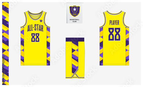 Basketball uniform mockup template design for sport club. Basketball jersey, basketball shorts in front and back view. Basketball logo design. 