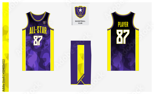 Basketball uniform mockup template design for sport club. Basketball jersey, basketball shorts in front and back view. Basketball logo design. 