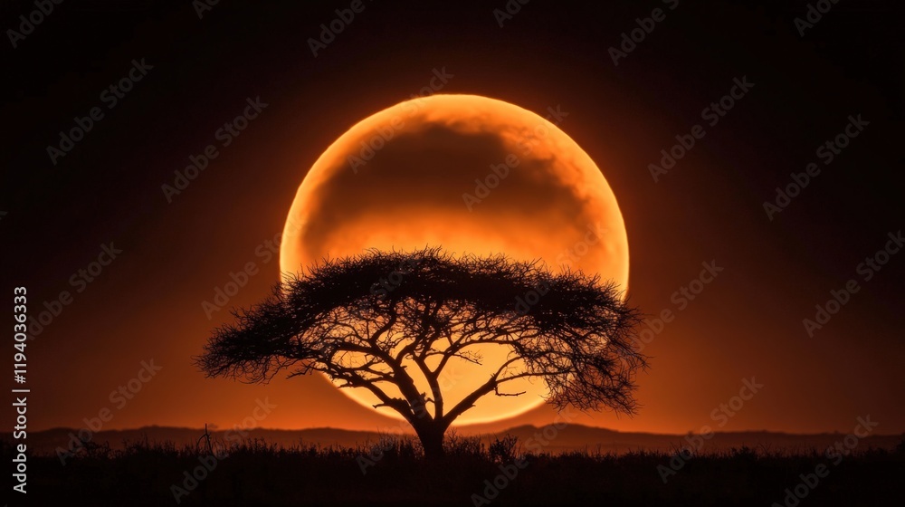 Silhouette of a lone tree against a large, vibrant orange moon during sunset, perfect for nature and landscape wallpapers. Silhouette of a lone tree against a large, vibrant orange moon during sunset, perfect for nature and landscape wallpapers.