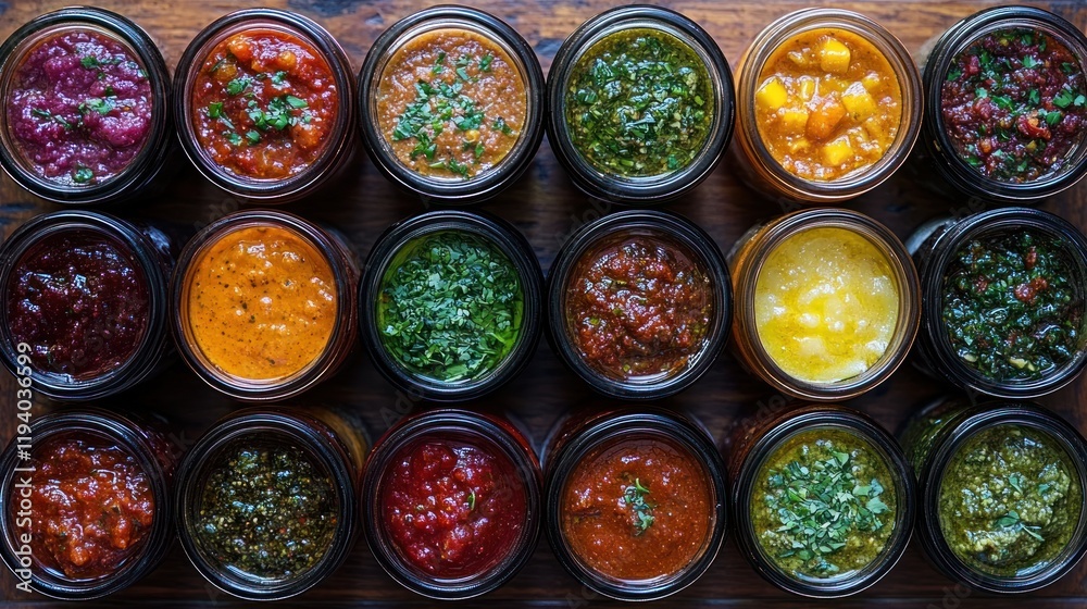 Colorful Sauces in Jars on a Wooden Table - Culinary Variety and Flavor. Colorful Sauces in Jars on a Wooden Table - Culinary Variety and Flavor.