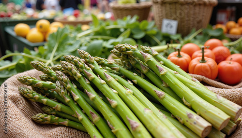 Fresh asparagus stacked on burlap with tomatoes and greenery background