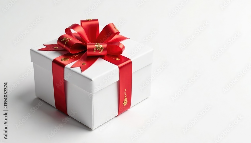 White background with wide flat gift box adorned with red ribbon and gold sequins, white background, gift wrapping White background with wide flat gift box adorned with red ribbon and gold sequins, white background, gift wrapping