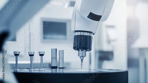 A robot conducting high-precision measurements in a state-of-the-art metrology lab with advanced measurement instruments, clean and detailed environment, Metrology-tech style