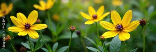 Yellow petals and purple stamens intertwined amidst foliage, yellowflowers, foliage, whimsy photo