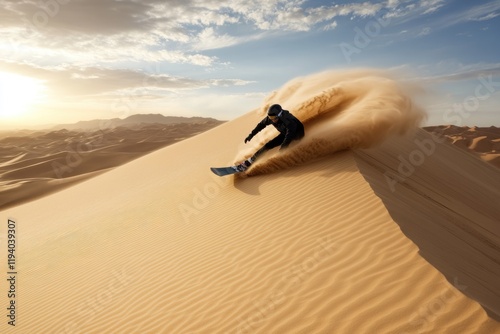 Snowboarding in sand dunes: extreme ride, desert slopes, adrenaline rush, speed thrill, downhill action, sandy waves, daring move, gravity defiance, freestyle carving, intense descent. photo