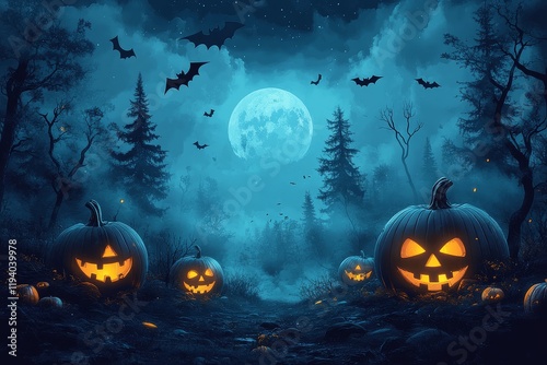 Halloween pumpkins in a dark forest with bats and spiders, high-resolution vector illustration for banner or poster, detailed digital art with sharp lines. photo