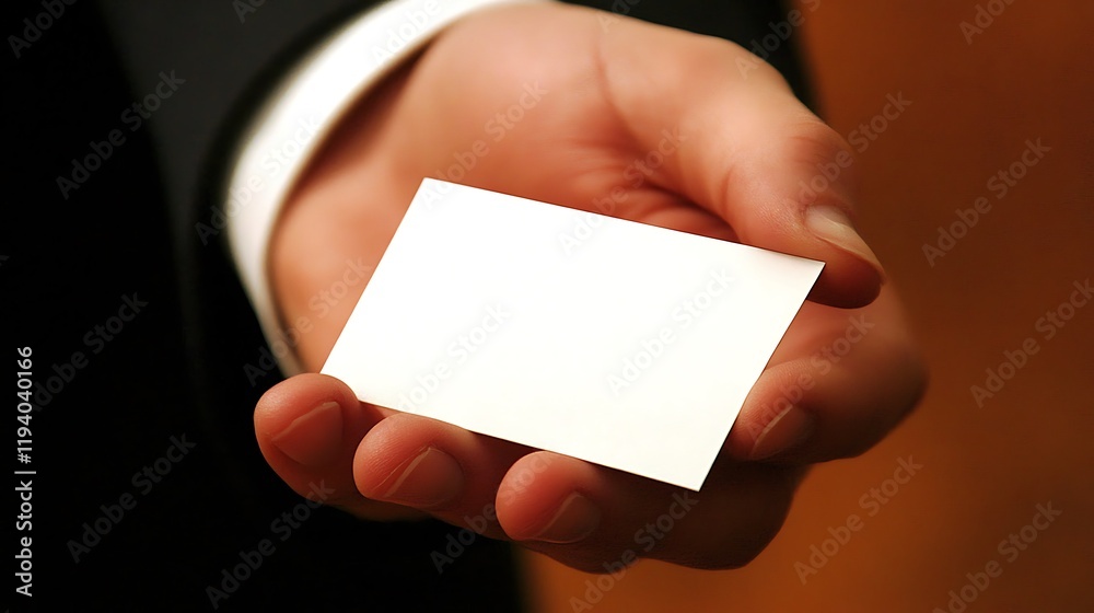 Obraz premium A professional in formal attire with a white dress shirt cuff holding a blank white identification card in their right hand.