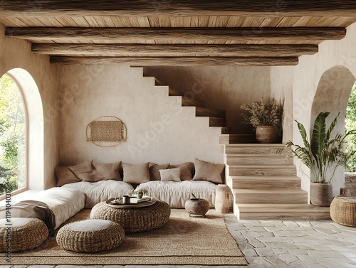 A calm bohemian living room with a neutral color palette, natural materials, and comfortable furniture.