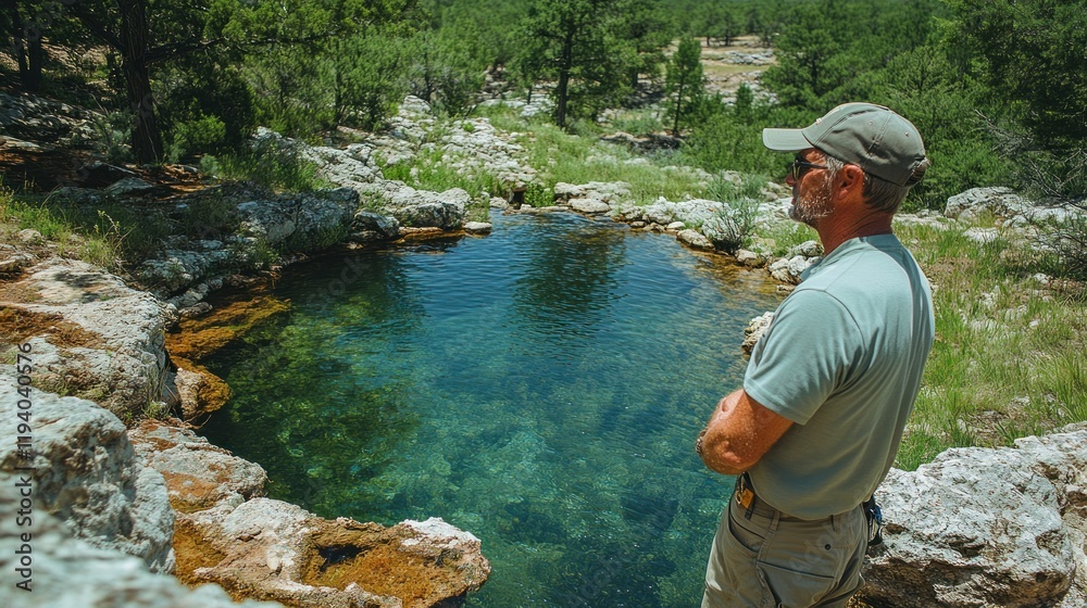 Man admiring a pristine natural pool nestled in a rocky landscape, overlooking a lush green forest. Man admiring a pristine natural pool nestled in a rocky landscape, overlooking a lush green forest.