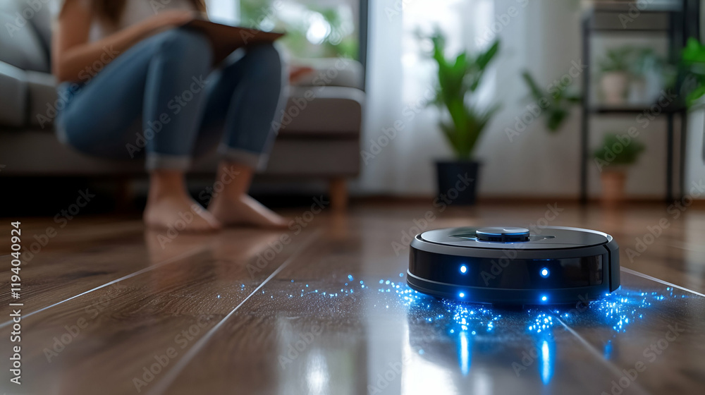 Robot vacuum cleaning hardwood floor, woman relaxing Robot vacuum cleaning hardwood floor, woman relaxing