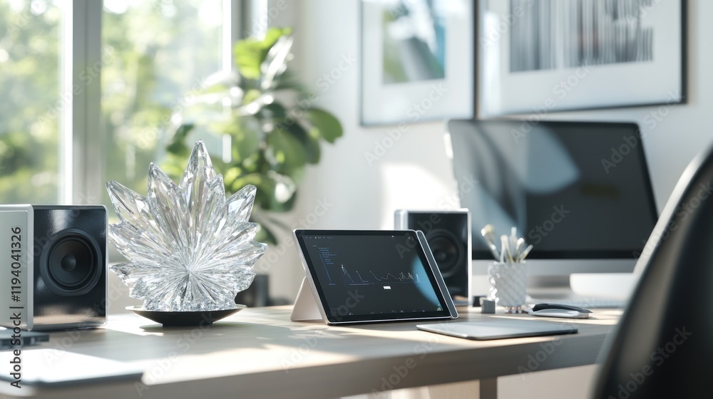 Fototapeta premium Modern office desk, tablet displaying graph, crystal d?cor, sunlight