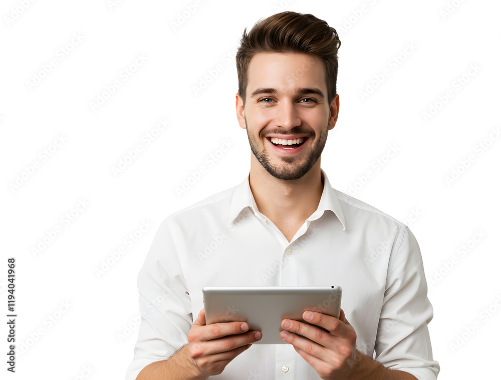 Portrait of handsome smiling man using a tablet computer. Portrait of handsome smiling man using a tablet computer.