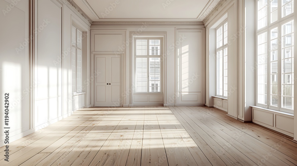 An elegant Scandinavian-style room with light-toned wooden flooring, stark white walls, and large windows filling the space with warm natural light, creating a minimalist yet welcoming ambiance, An elegant Scandinavian-style room with light-toned wooden flooring, stark white walls, and large windows filling the space with warm natural light, creating a minimalist yet welcoming ambiance,
