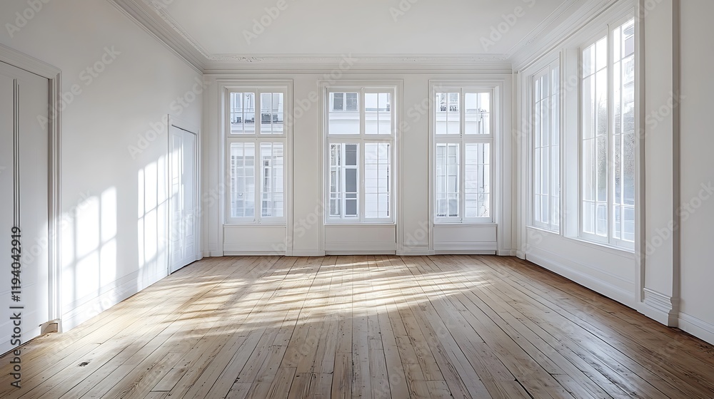 An elegant Scandinavian-style room with light-toned wooden flooring, stark white walls, and large windows filling the space with warm natural light, creating a minimalist yet welcoming ambiance, An elegant Scandinavian-style room with light-toned wooden flooring, stark white walls, and large windows filling the space with warm natural light, creating a minimalist yet welcoming ambiance,