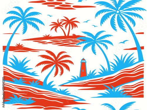 Tropical Beach Landscape Illustration with Lighthouse  
