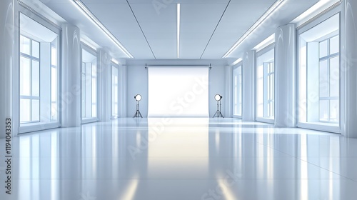An empty photography studio with flawless white seamless backdrops, soft box lighting creating smooth illumination, and a reflective polished floor, professional and sleek, hd quality --ar 16:9