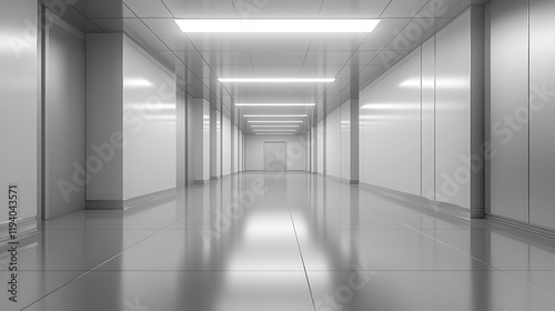 An empty room with pale gray walls, recessed lights softly illuminating the ceiling, a smooth matte finish on the floors, and a minimalistic vibe, clean and spacious, hd quality --ar 16:9