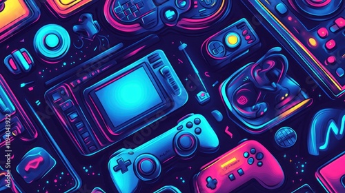 Retro gaming controllers collage, vibrant neon, digital art, background