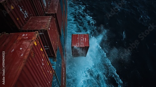 A shipping container falling into the ocean from a cargo ship, illustrating maritime transport. photo