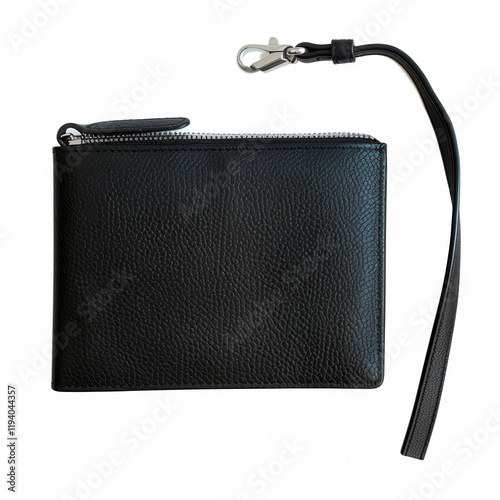 Sleek Black Leather Wallet with Zipper Closure and Detachable Wrist Strap for Fashionable Everyday Use and Travel Convenience photo