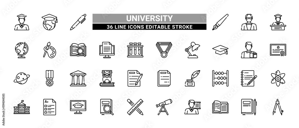 36 University Line Icons Set Pack Editable Stroke Vector Illustration.