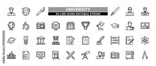 36 University Line Icons Set Pack Editable Stroke Vector Illustration.