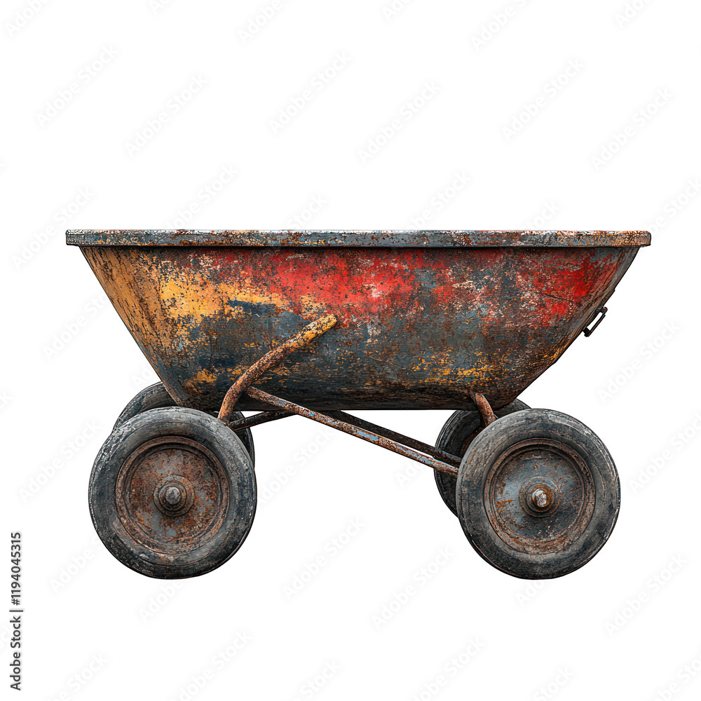 A weathered wheelbarrow with a rusty red and yellow finish. A weathered wheelbarrow with a rusty red and yellow finish.