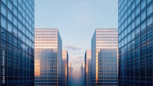Wallpaper Mural A cityscape featuring modern skyscrapers with reflective glass, creating a symmetrical perspective under a clear blue sky. Torontodigital.ca