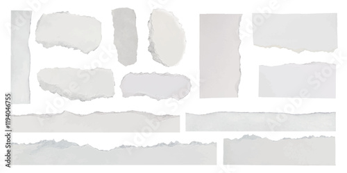 Collection of torn paper strips with rough edges. Various sizes and shapes of torn paper. Perfect for scrapbooking, collage, or design projects. Ripped paper element set. Vectors.